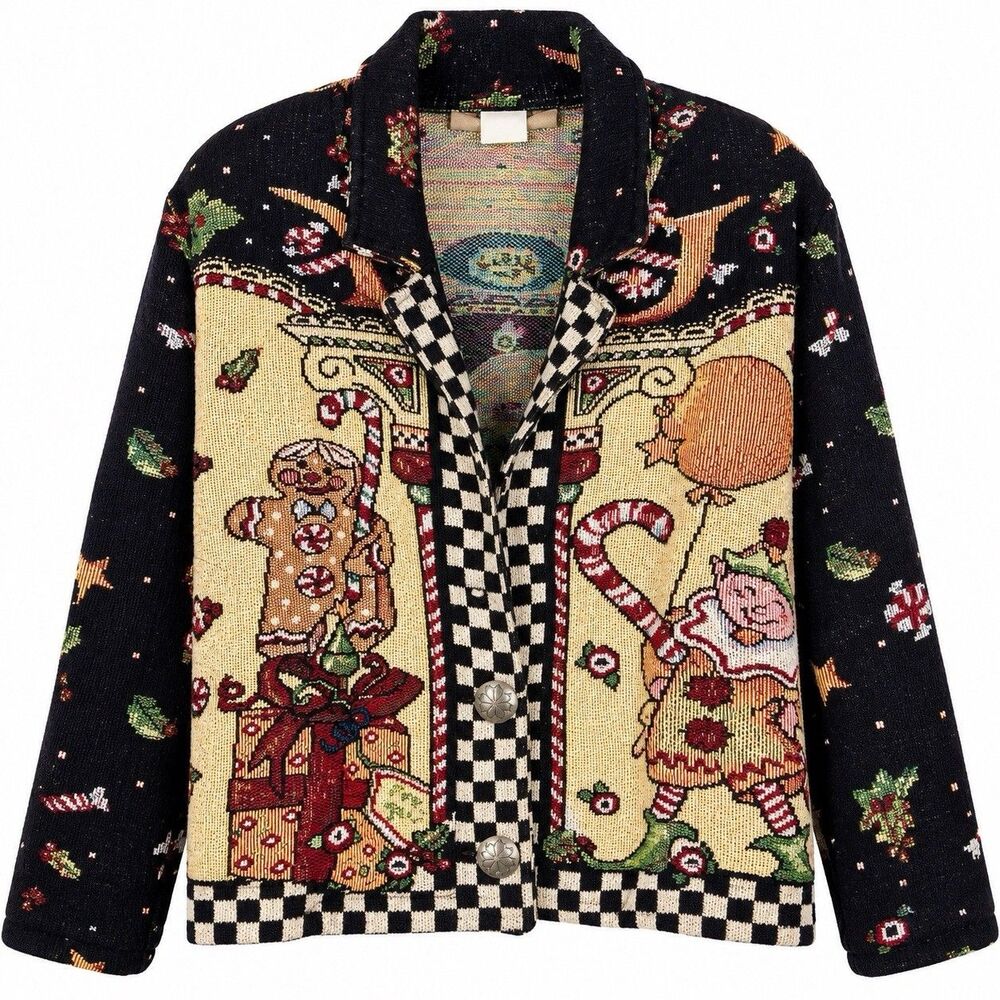Vintage Painted Pony Christmas Tapestry Jacket S/M Gingerbread Candy Cane USA